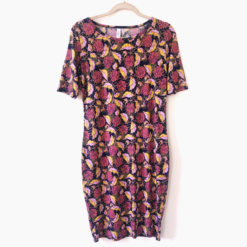 LuLaRoe Pink & Black Floral Print Julia Dress Sz M